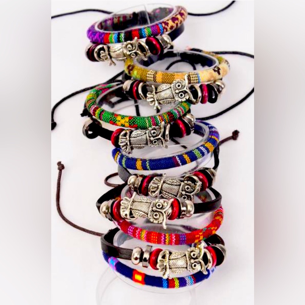 27080 Six Pack of Leather Owl Aztec Macrame Wrap Bracelet Wholesale Lot Box